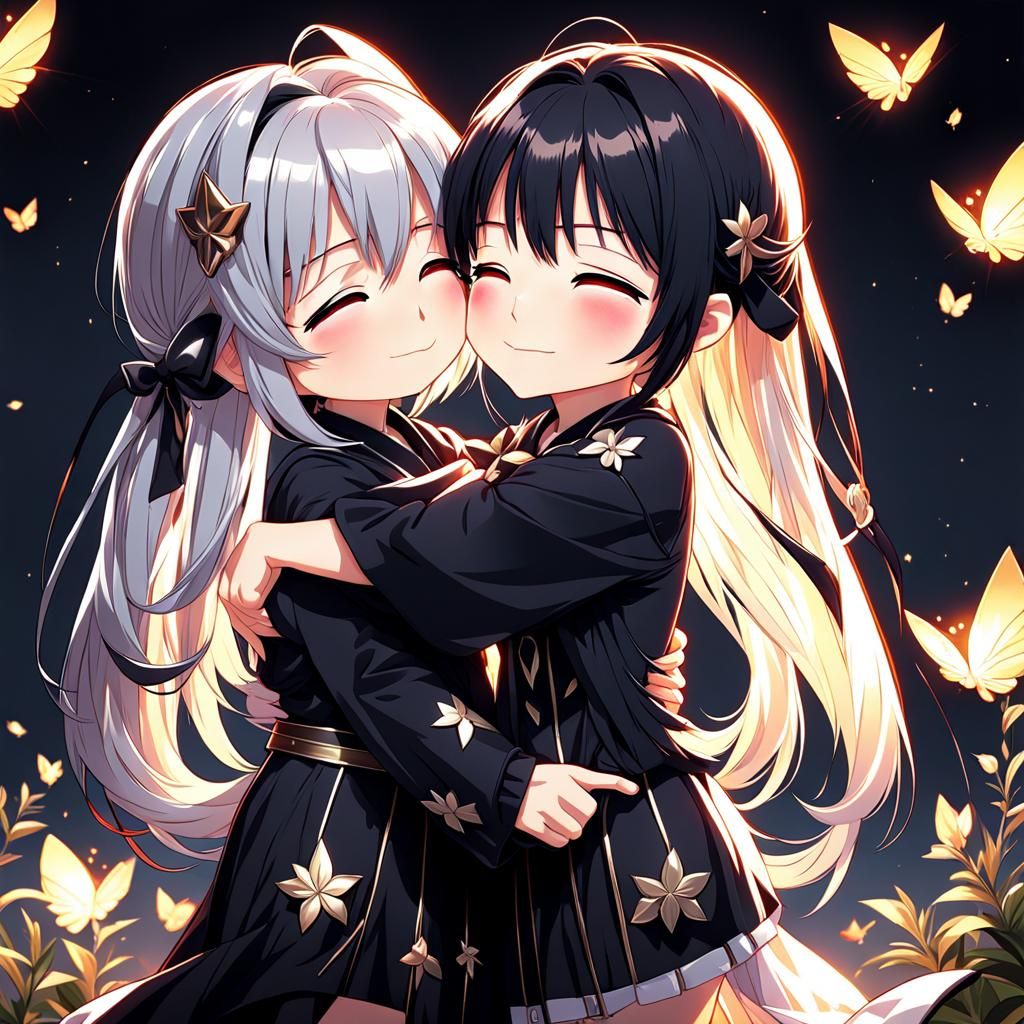 Two Chibi Anime Girls Hugging in High Resolution
