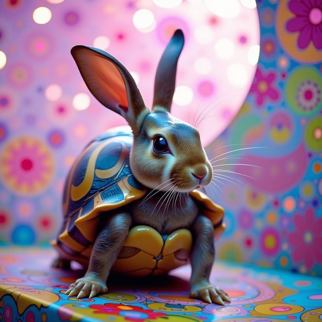 Rabbit in Psychedelic Turtle Shell, Analog 3D Dreamscape