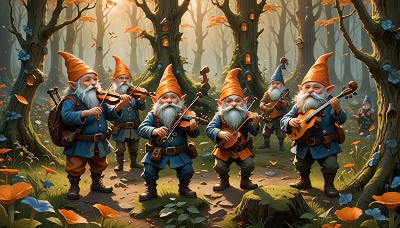 Gnome Musicians Conjuring Ethereal Notes in Forest Clearing