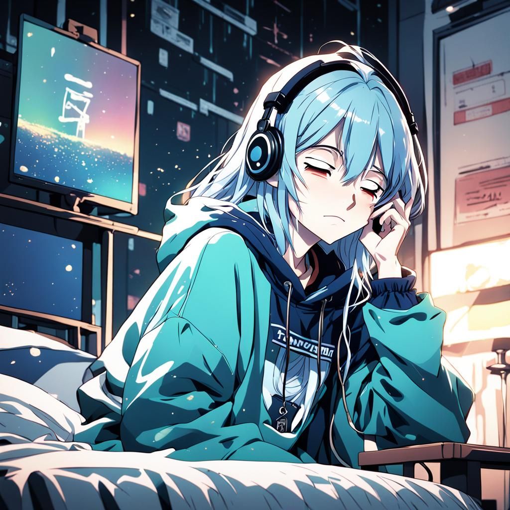 Melancholic Anime Girl on Space Bed in Pastel Colors