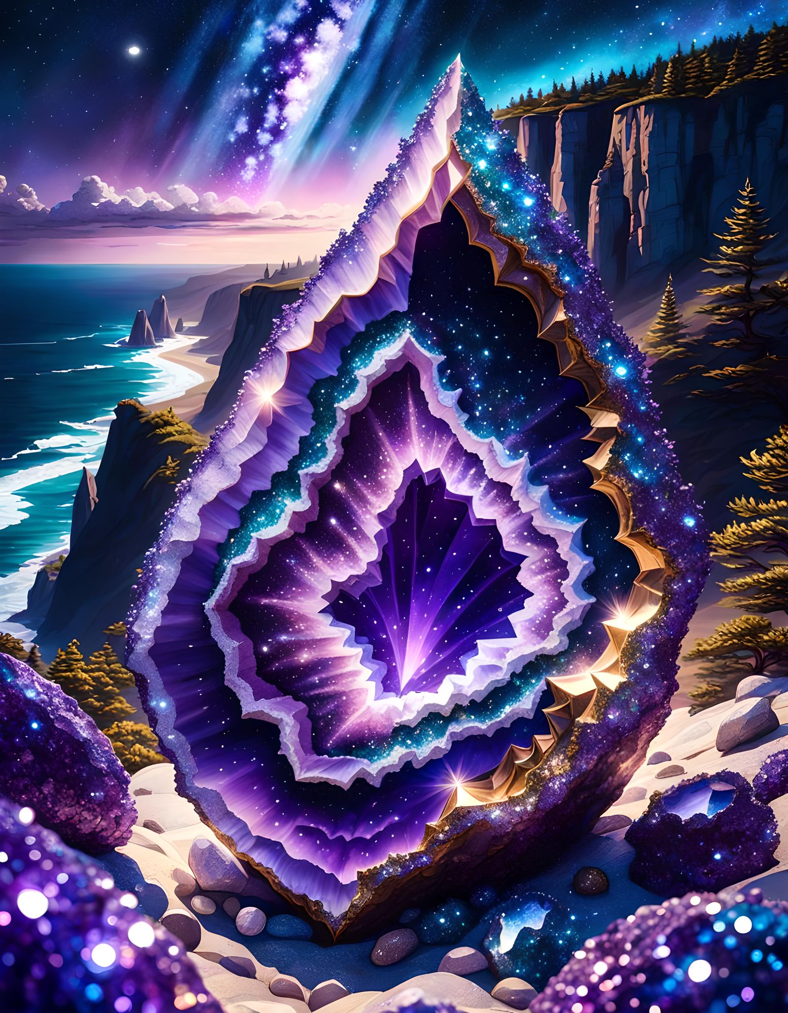 Giant Glitter Geode Under Starry Moonlight