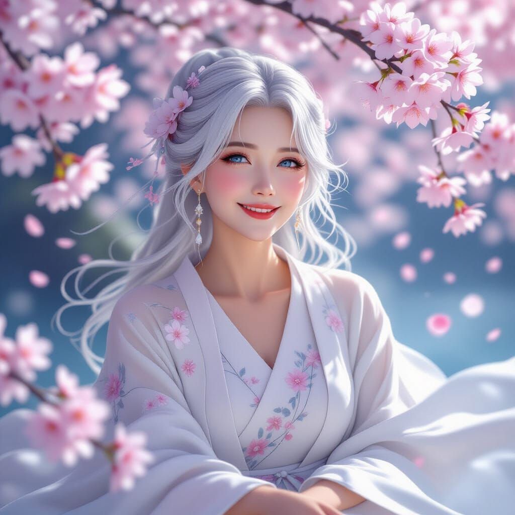 Serene Old Woman Floating Among Cherry Blossoms