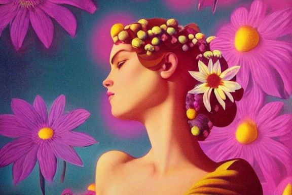 Ethereal Woman with Daisies in Alien Landscape