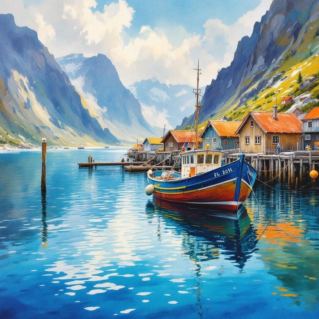 Fishing Boat in Lofoten, Watercolor Impressionist Style