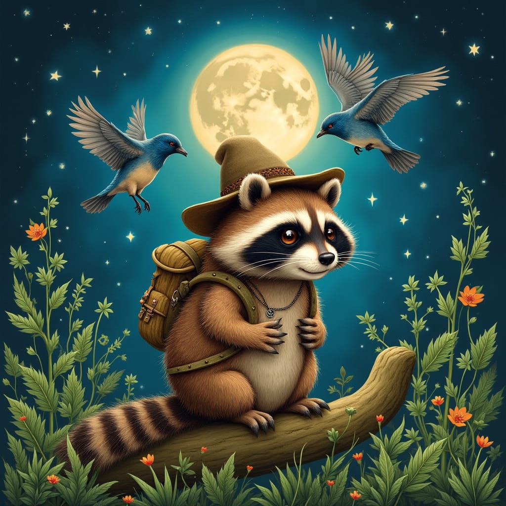 Bluebirds and Raccoon in Psychedelic Art Nouveau Style