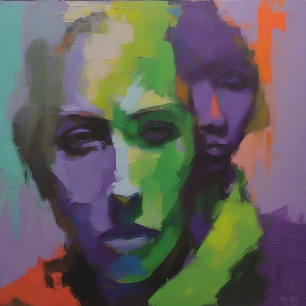 Vibrant Expressionist Oil Painting of Green Man and Purple G...