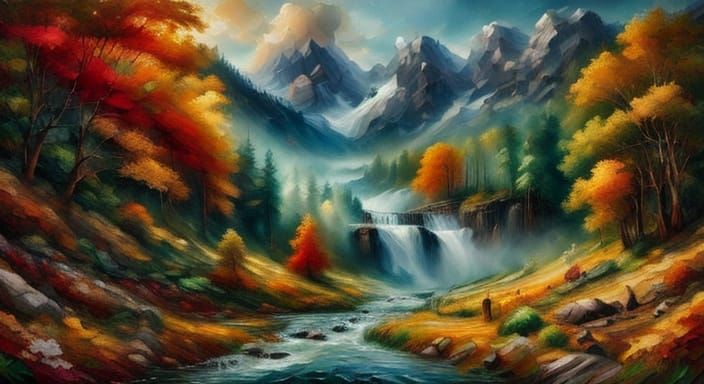 Autumn Rider Crosses Lake in Painterly Landscape