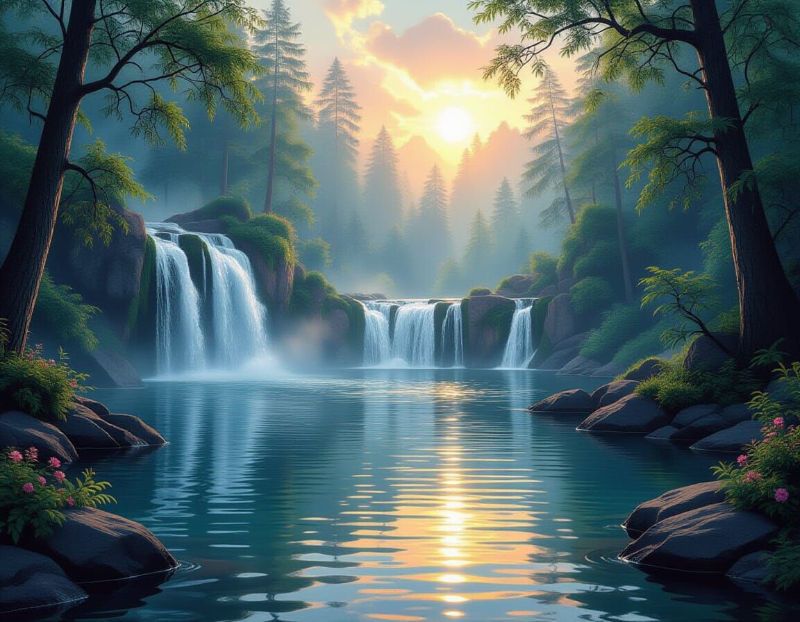 Mystical Forest Sunrise With Waterfall in Hyperrealism