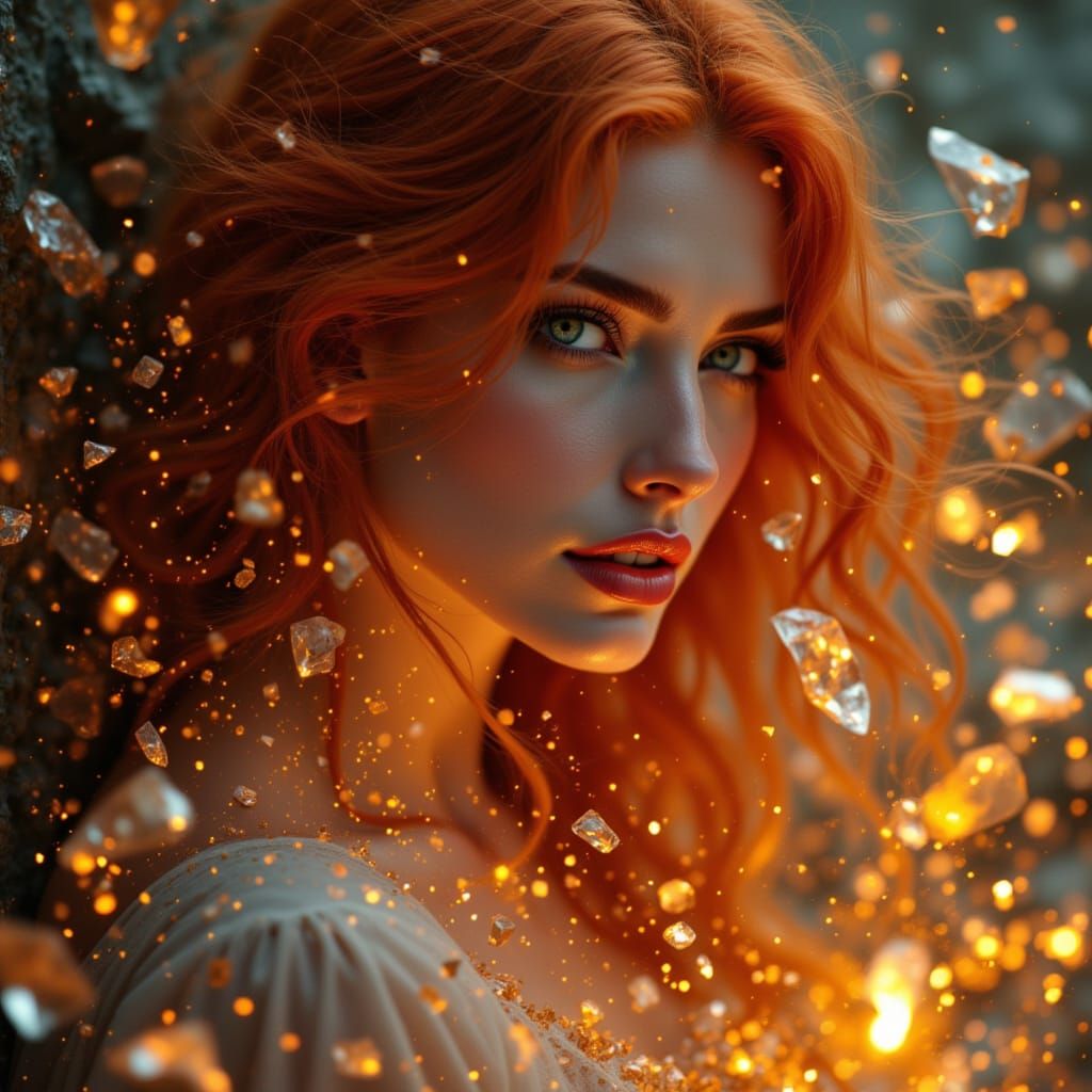 Redhead Woman with Fiery Motes in Art Nouveau & Futurism Sty...