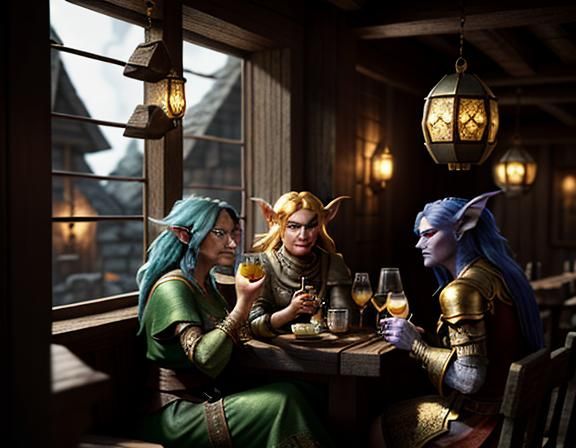Female Goblins Enjoying Cocktails in Rustic Tavern
