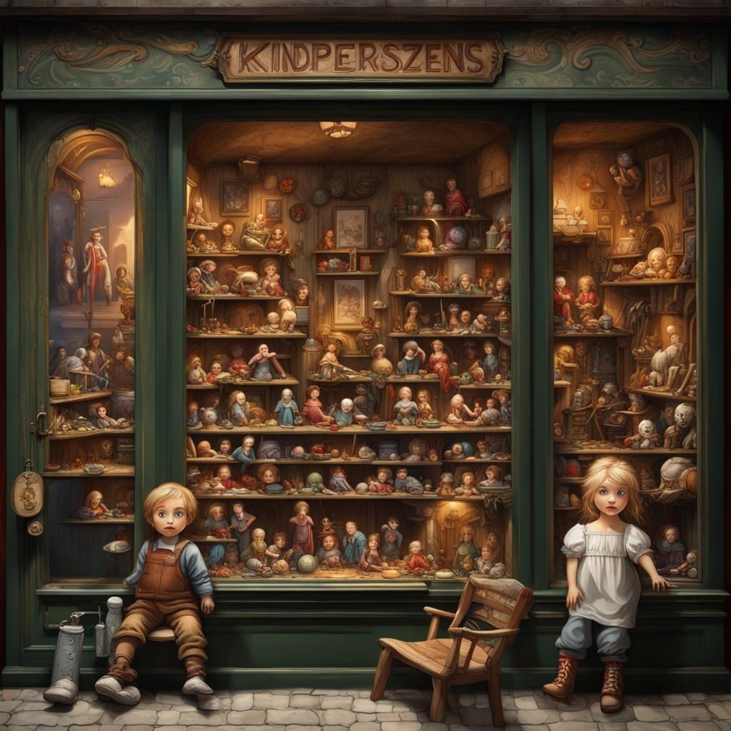Colorful Toy Storefront Display in Detailed Digital Art