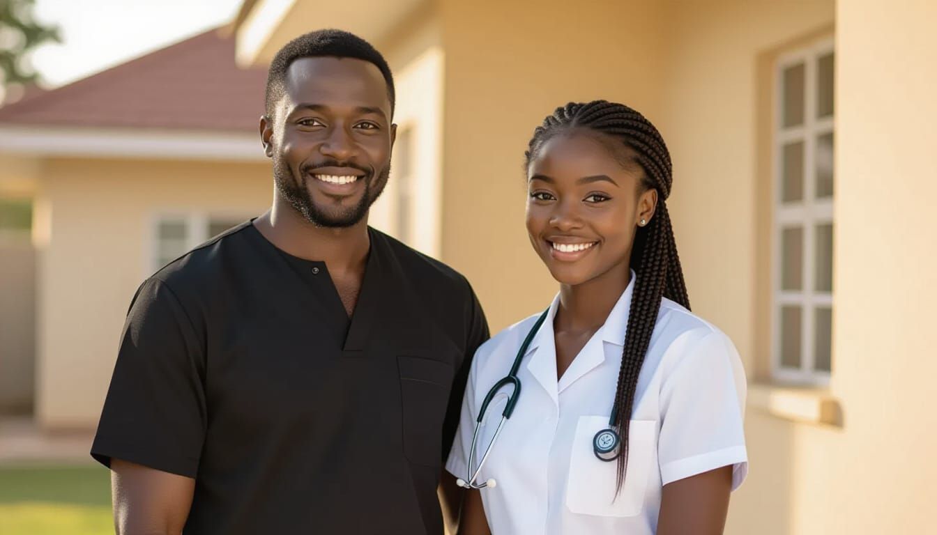 Proud Man and Nurse Outside Restored Home