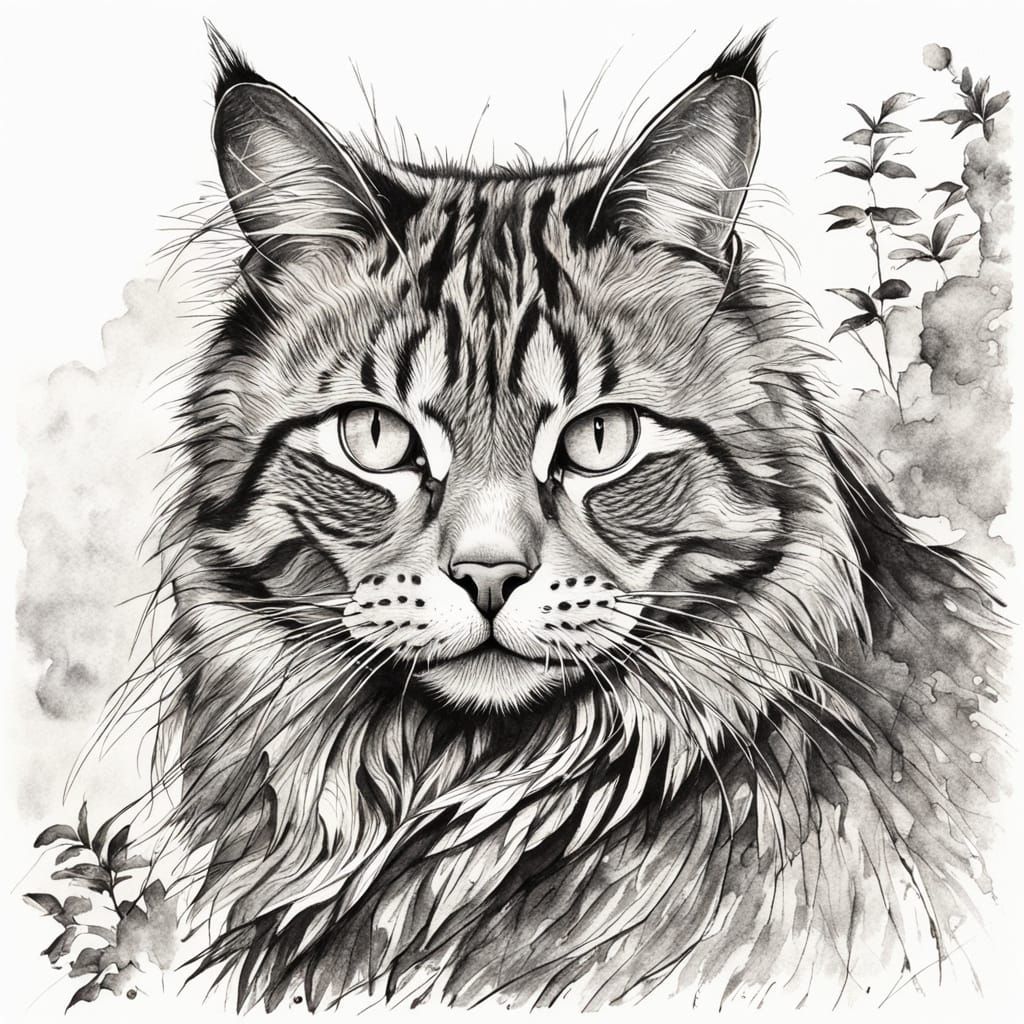 Surreal Ink Drawing of a Cat in Profile