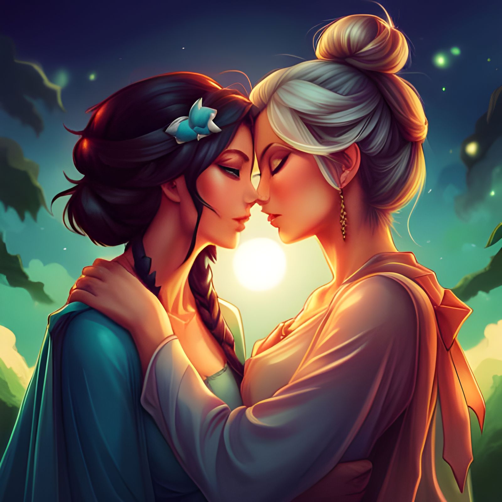 Anime Style Image of Two Women Kissing