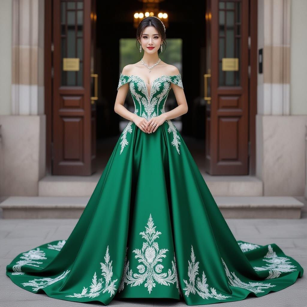 Elegant Chinese Woman in Green Satin Gown