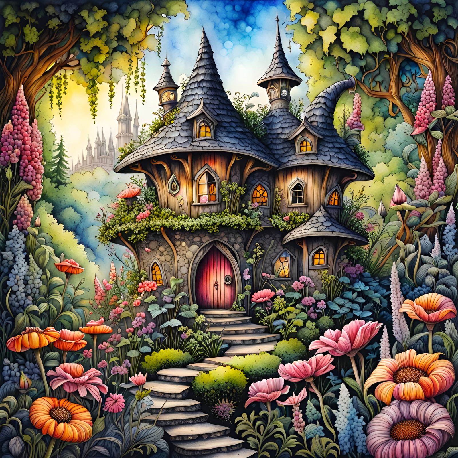 Fantasy fairy house in a fantasy flower garden