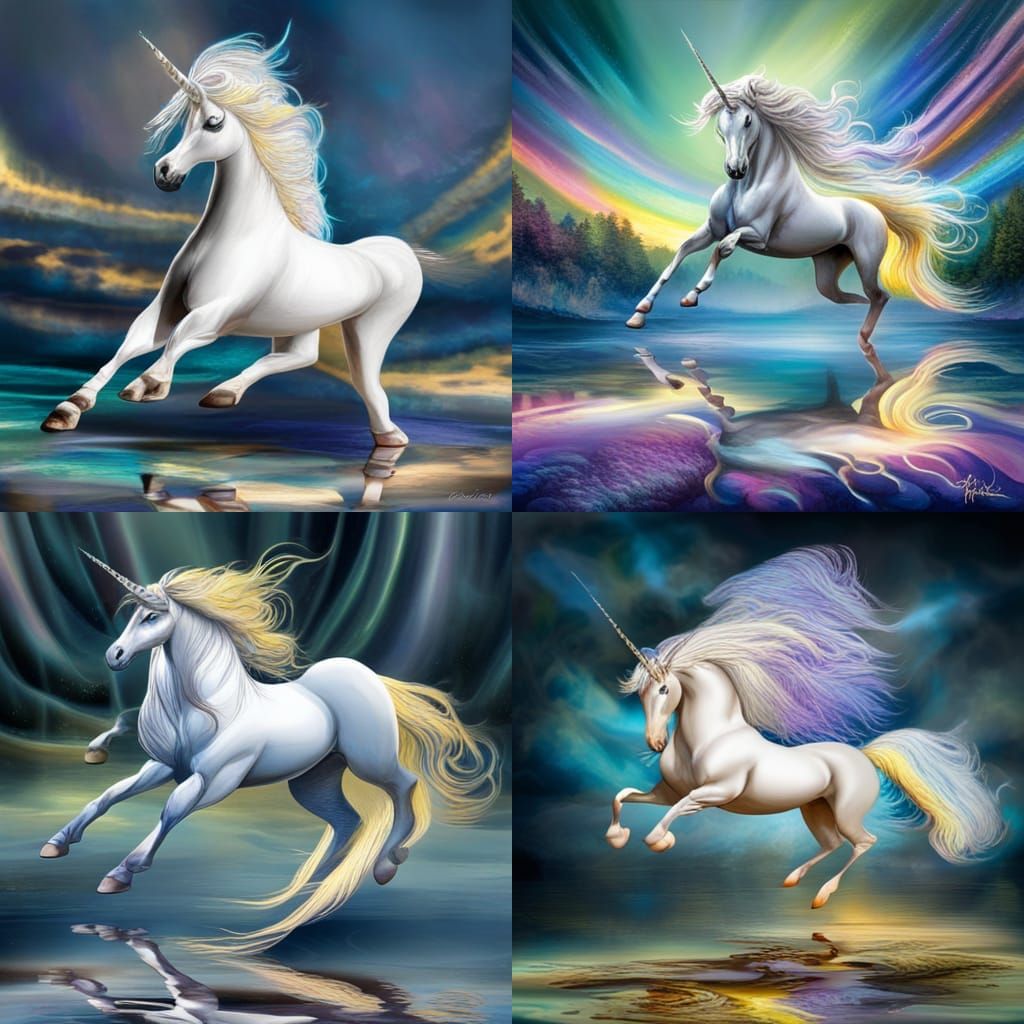 A magnificent white and silver Unicorn with a flowing mane o...