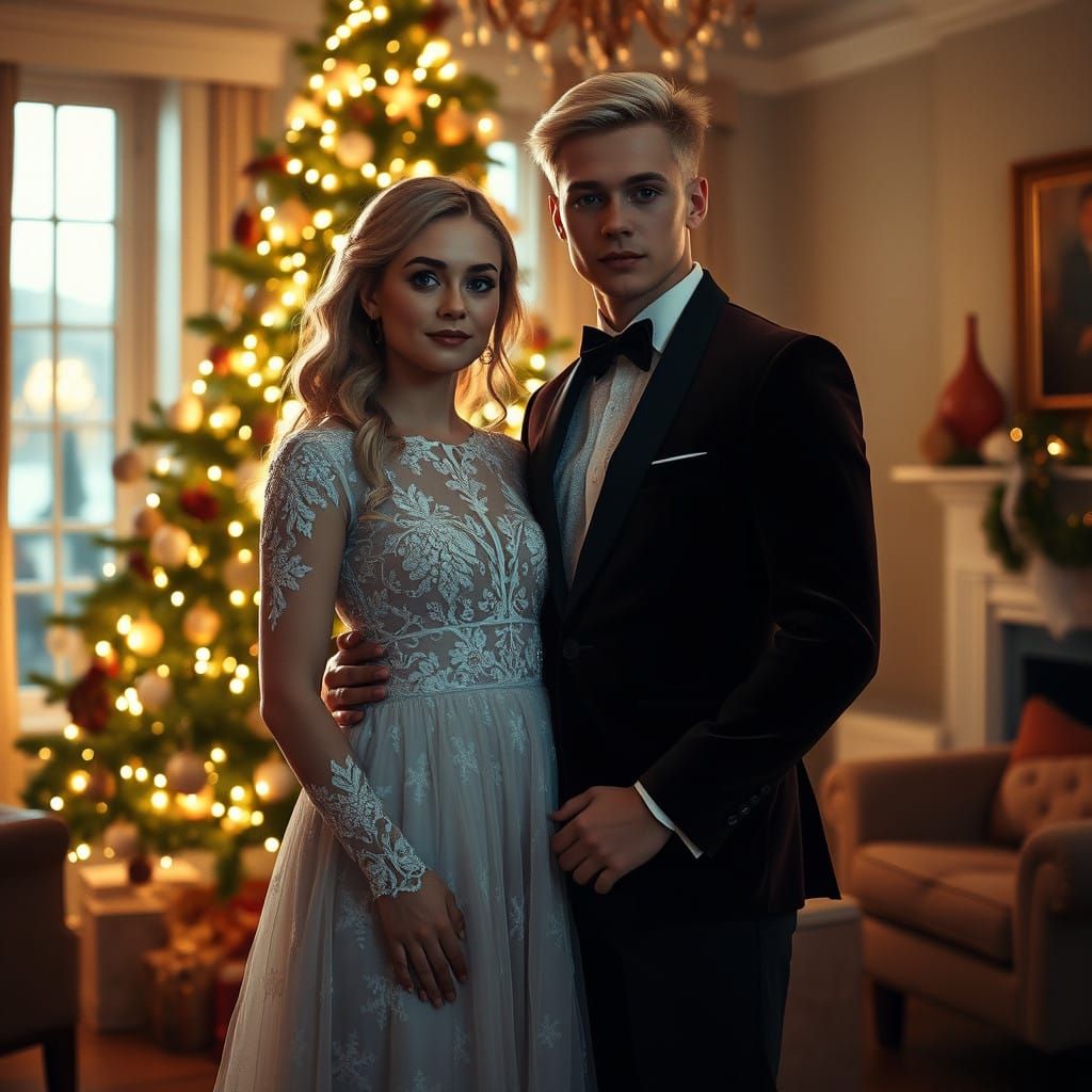 Dramatic Christmas Romance in Elegant Female Holiday Attire