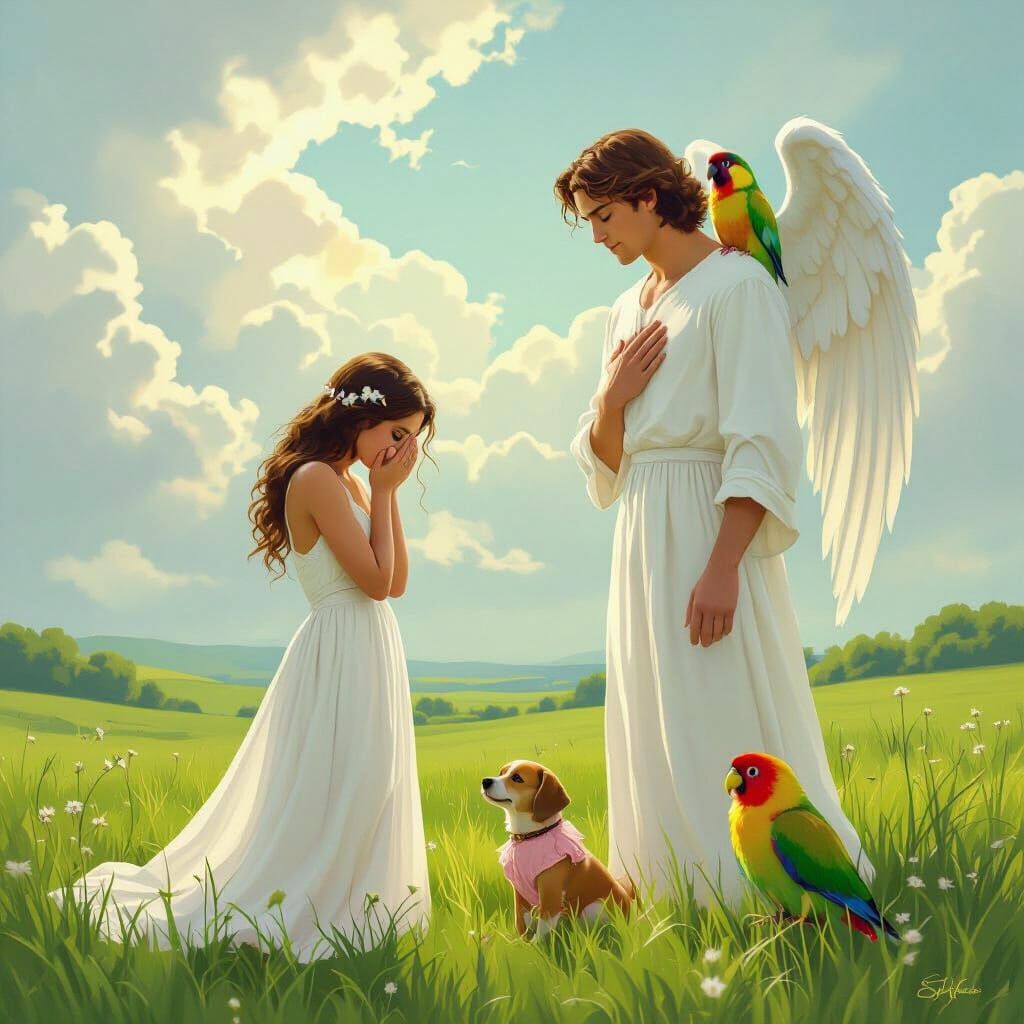 Angel Comforts Woman in Field, Whimsical Dreamlike Style
