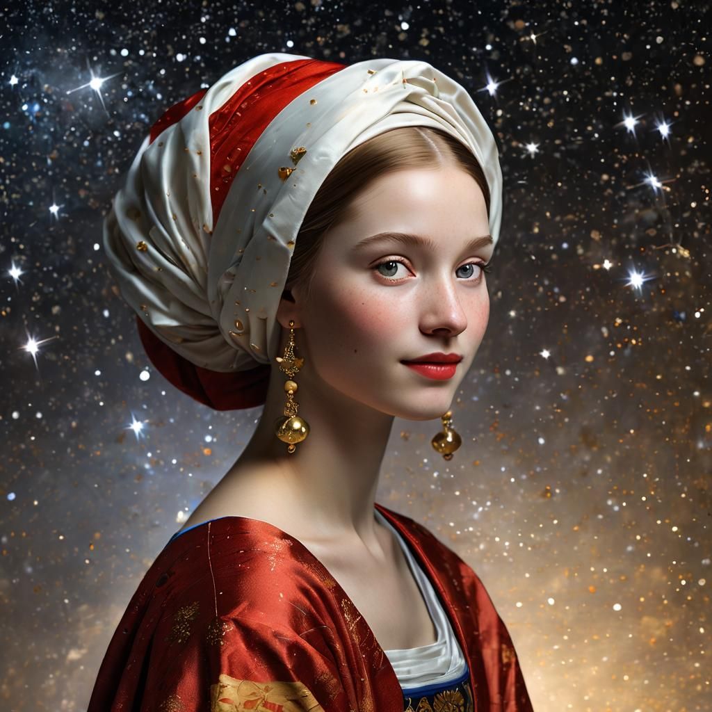 Red Lady in Space, Vermeer Style, 8k