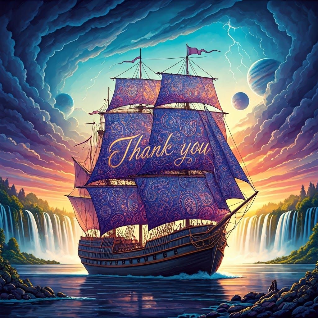 Epic Fantasy Galleon in Dawn-Lit Sky with Celestial Bodies