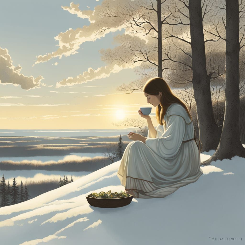 Woman Sipping Winter Tea in Soft Focus