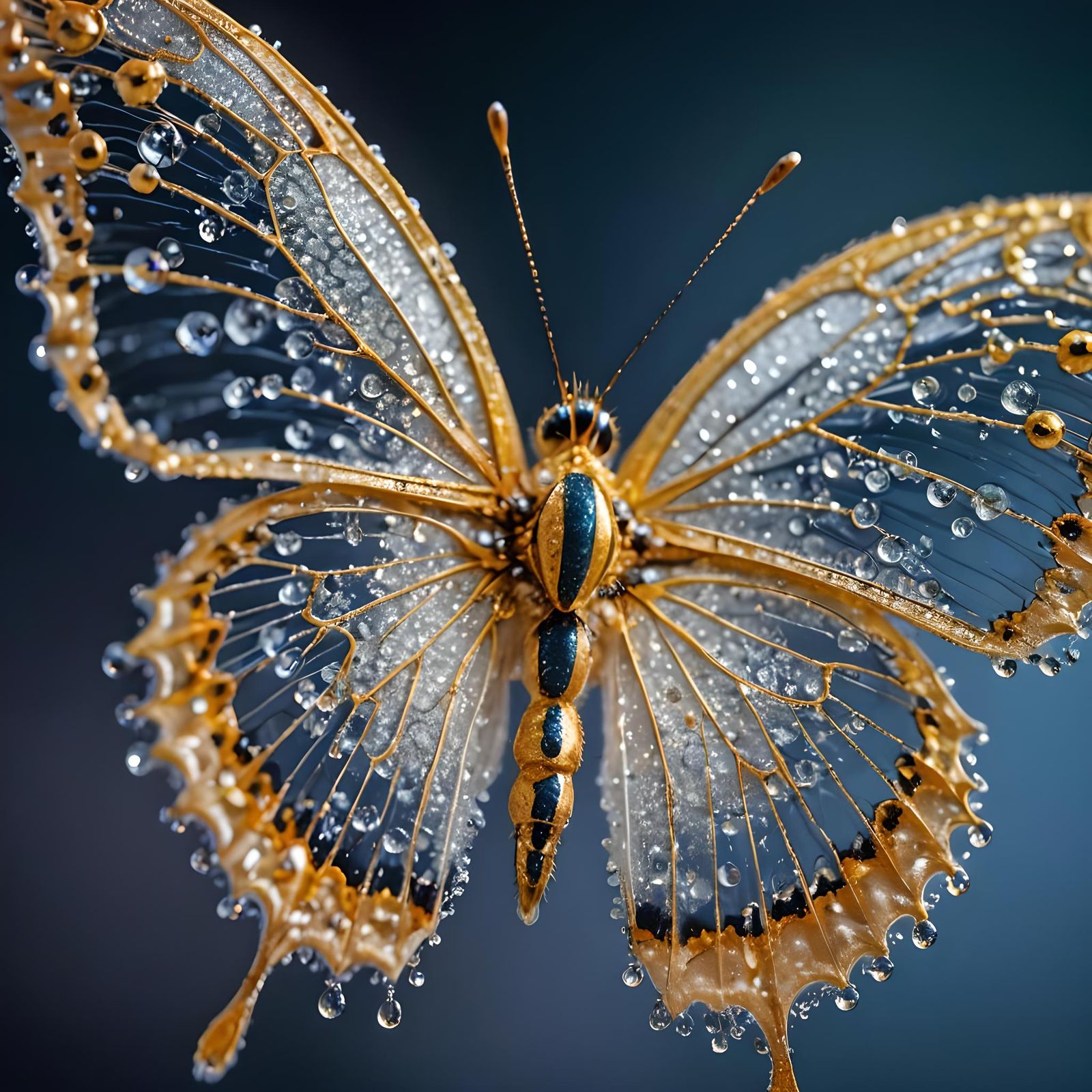 Dew-Covered Crystal Butterfly: A Macro Photograph