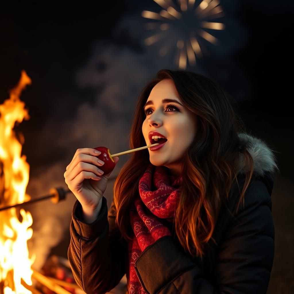 Brunette woman eating a toffee apple at bonfire night