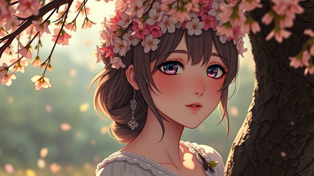 Anime Woman with Autumnal Flower Crown Portrait