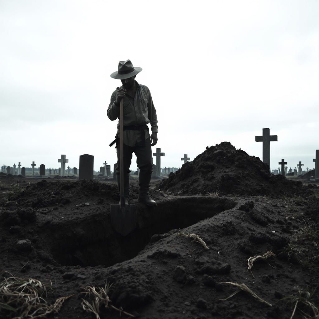 Dark Cemetery Scene with Gravedigger