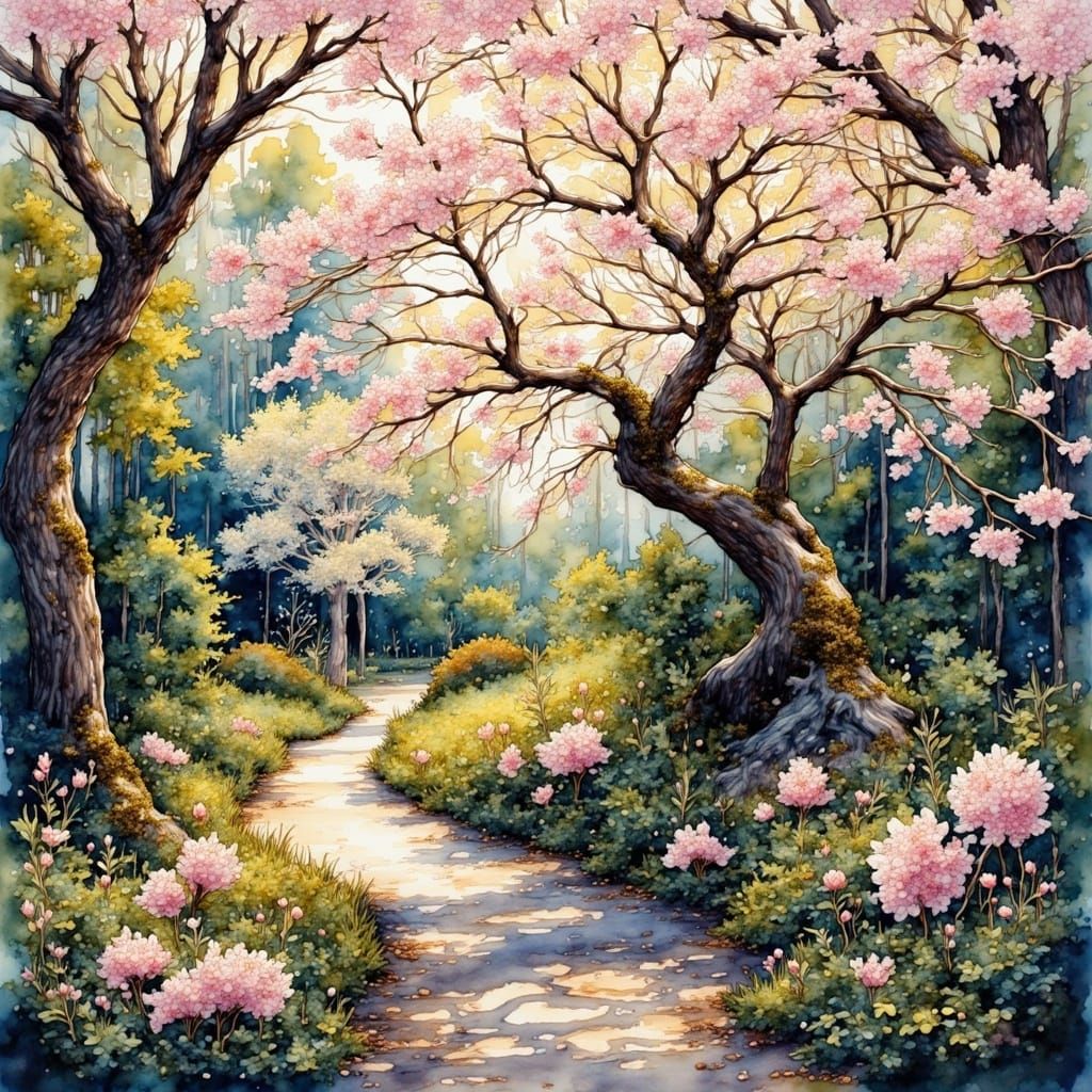 Jasmine Trees in Japanese Garden Watercolor