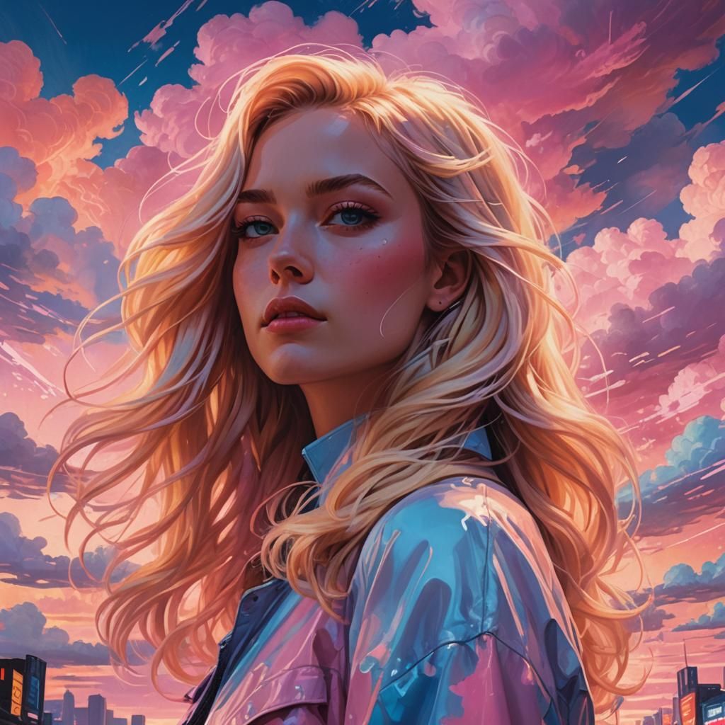 Woman in Pastel Clouds, Syd Mead Splash Art