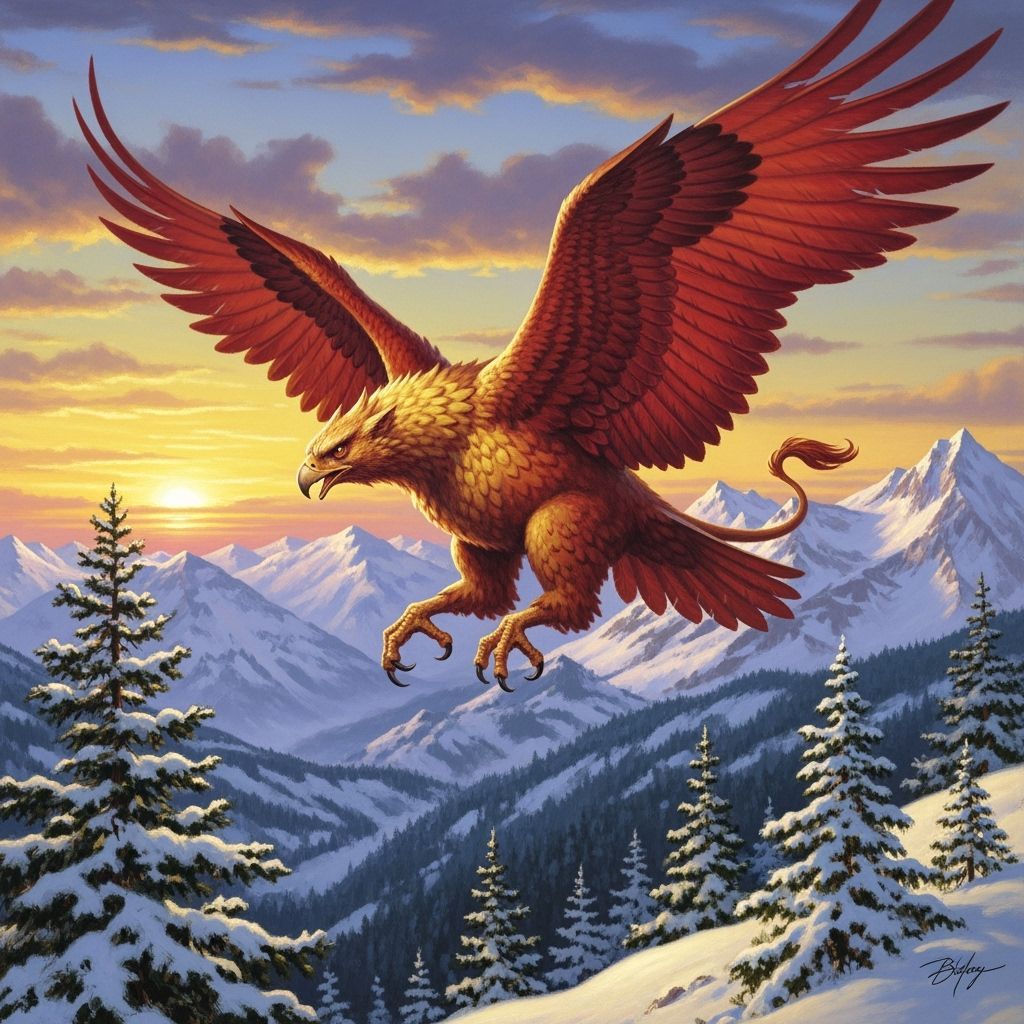 Griffin Soaring Over Mountains at Sunset in Fantasy Style