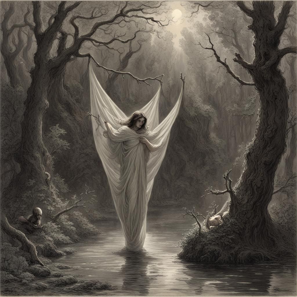 Ethereal Woman Emerges from Cocoon in Dark Woods