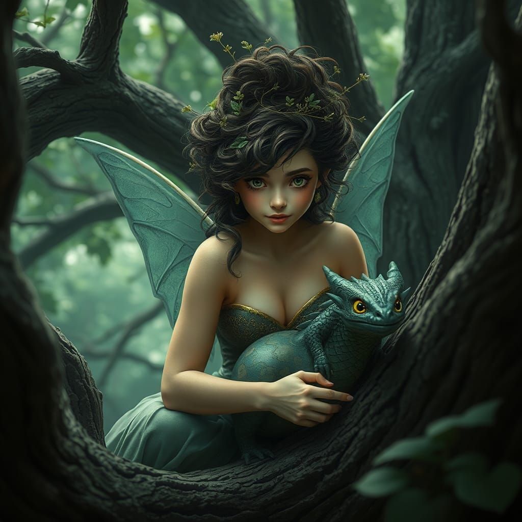 Pixie and Dragon in Mystical Forest