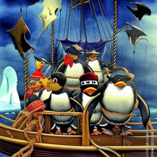 Penguin Pirates on Icy Sea: Storybook Illustration