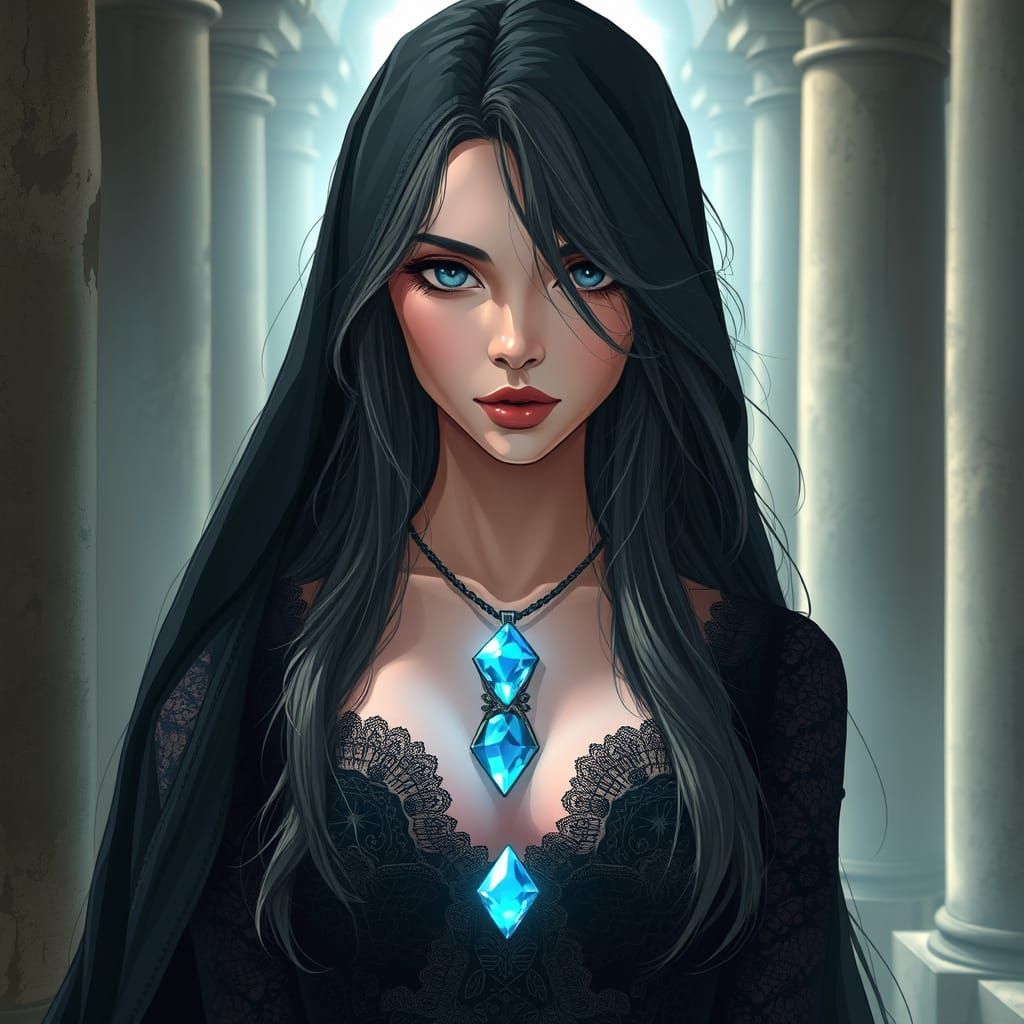 Enigmatic Woman in Black Lace and Blue Gemstone