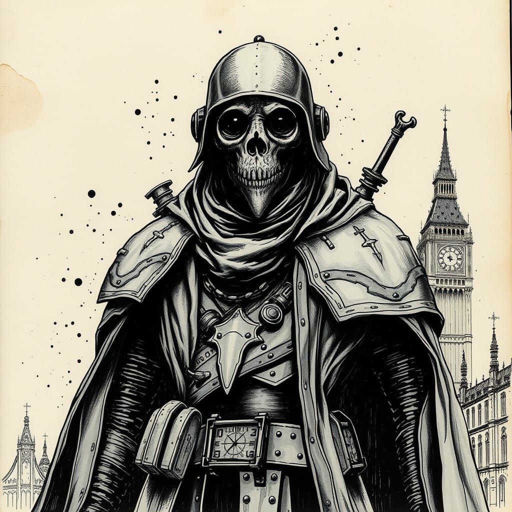 Futuristic Plague Doctor Illustration on Parchment