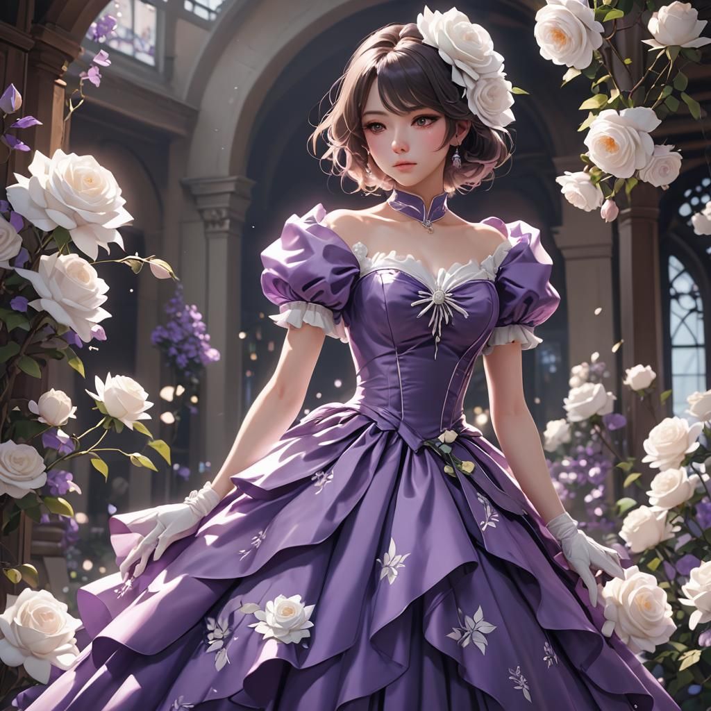 Purple Dress with White Rose: 3D Anime Art