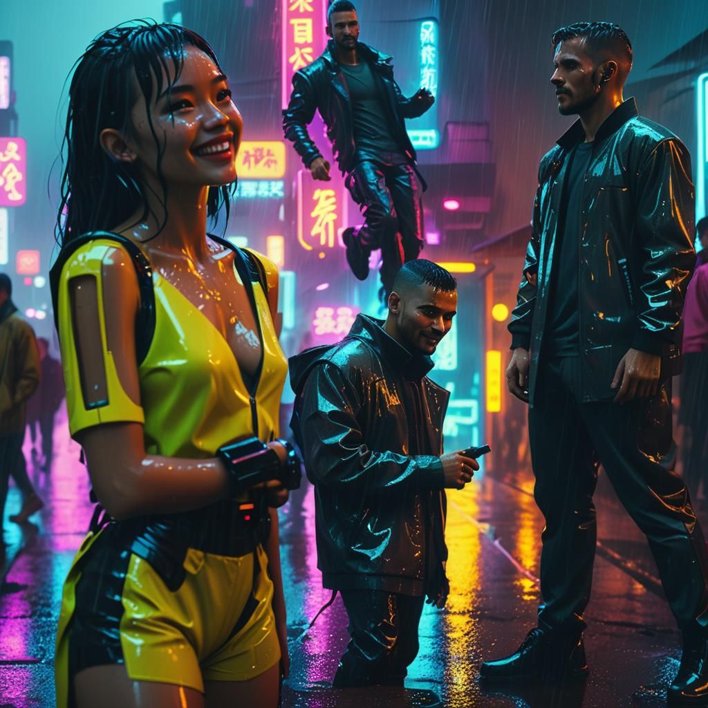 Cyberpunk Film Still: Smiling Faces in Rainy Cityscape