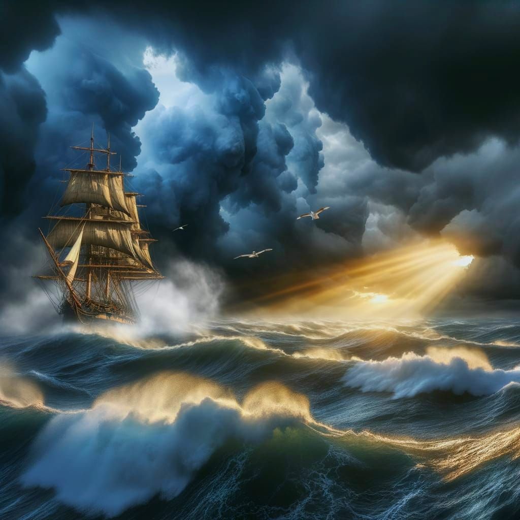 Epic Stormy Seascape with Majestic Tall Ship in Turbulent Wa...