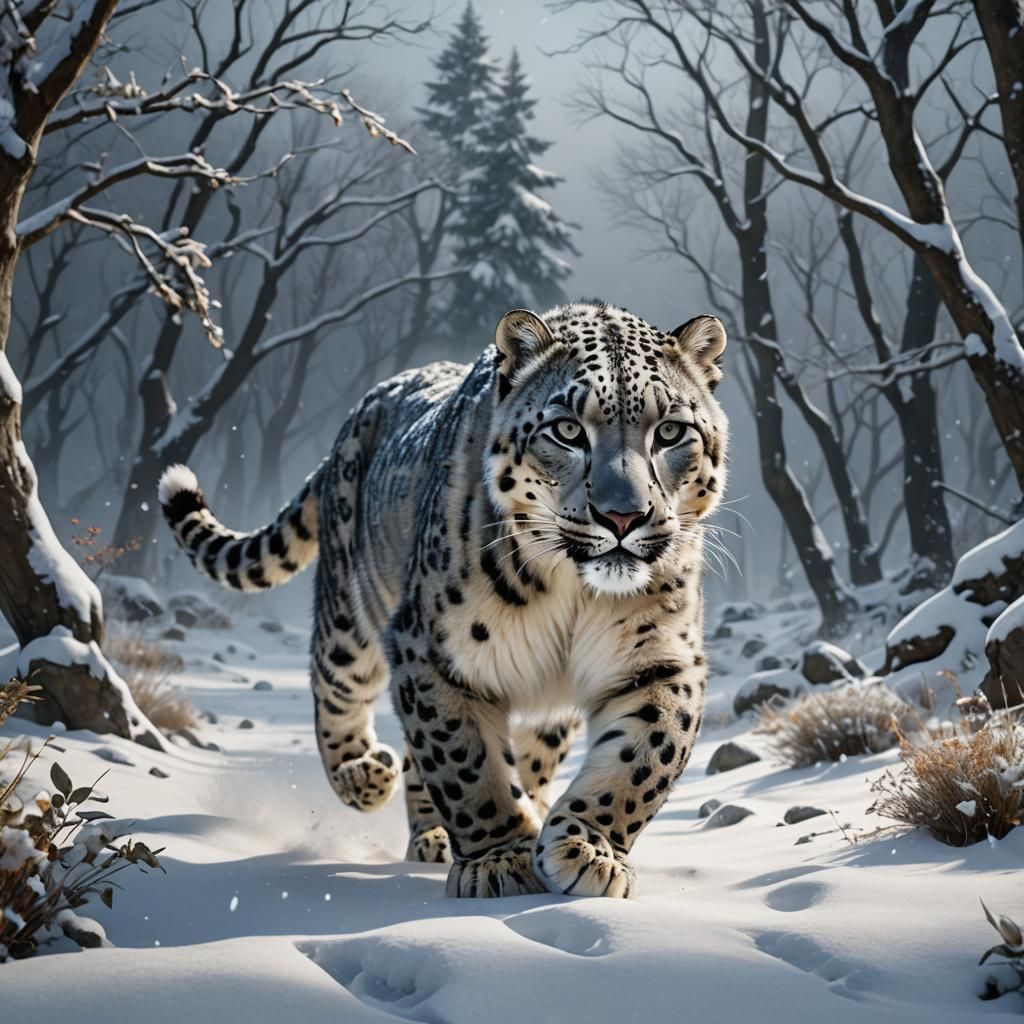 Snow Leopard Walking in a Winter Landscape