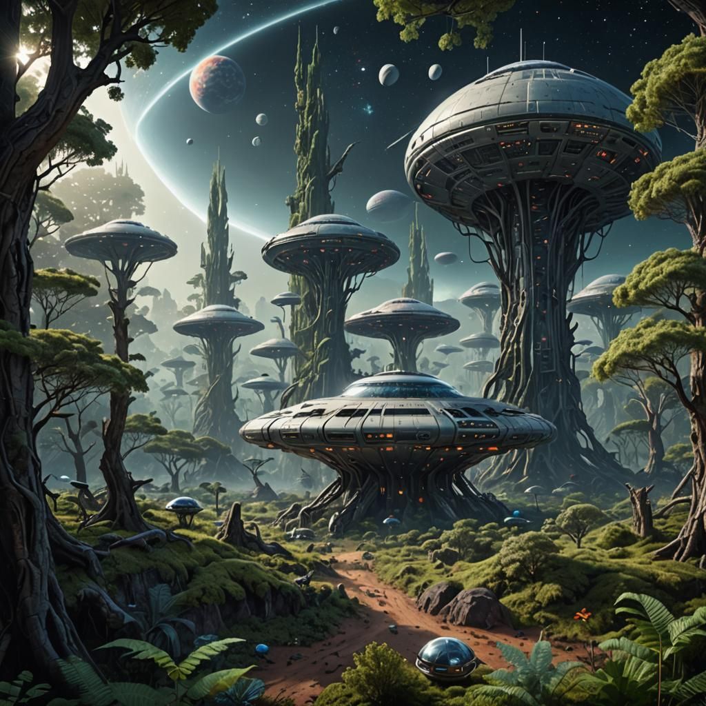 Ethereal Cosmic Landscape with Alien Colony