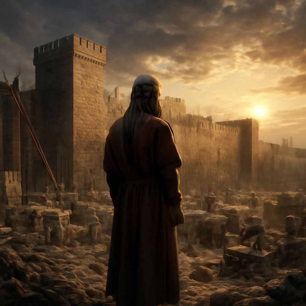 Nehemiah Oversees Jerusalem Wall Construction at Sunrise