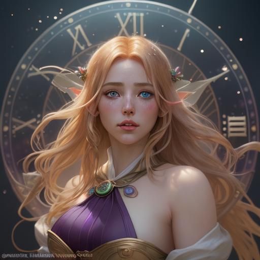 Lamera a strawberry blonde female elf with full lips and a button nose and her hair blowing in the wind looking at firew...