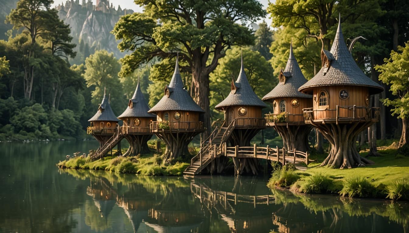 Elven Treehouses by Lake, Professional Photography