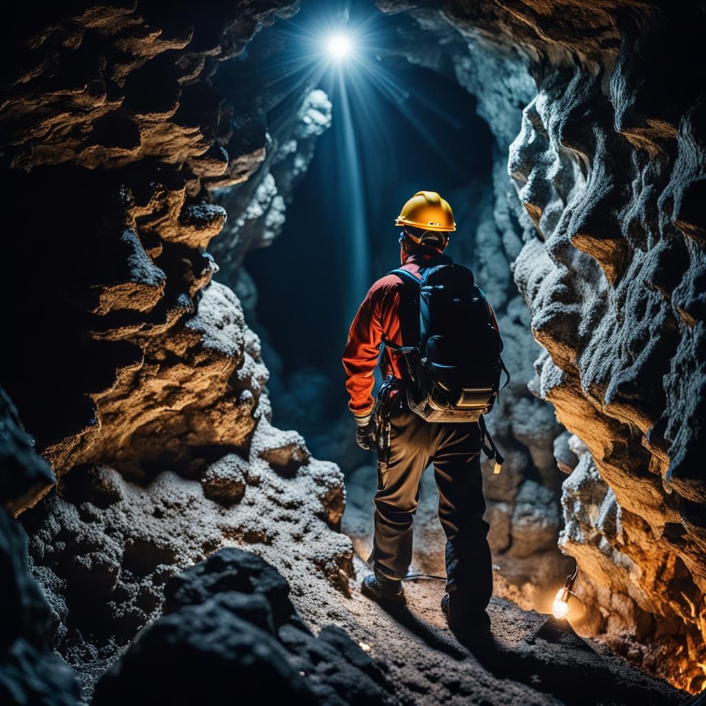 Geologist Explores Deep Cave with Stalactites