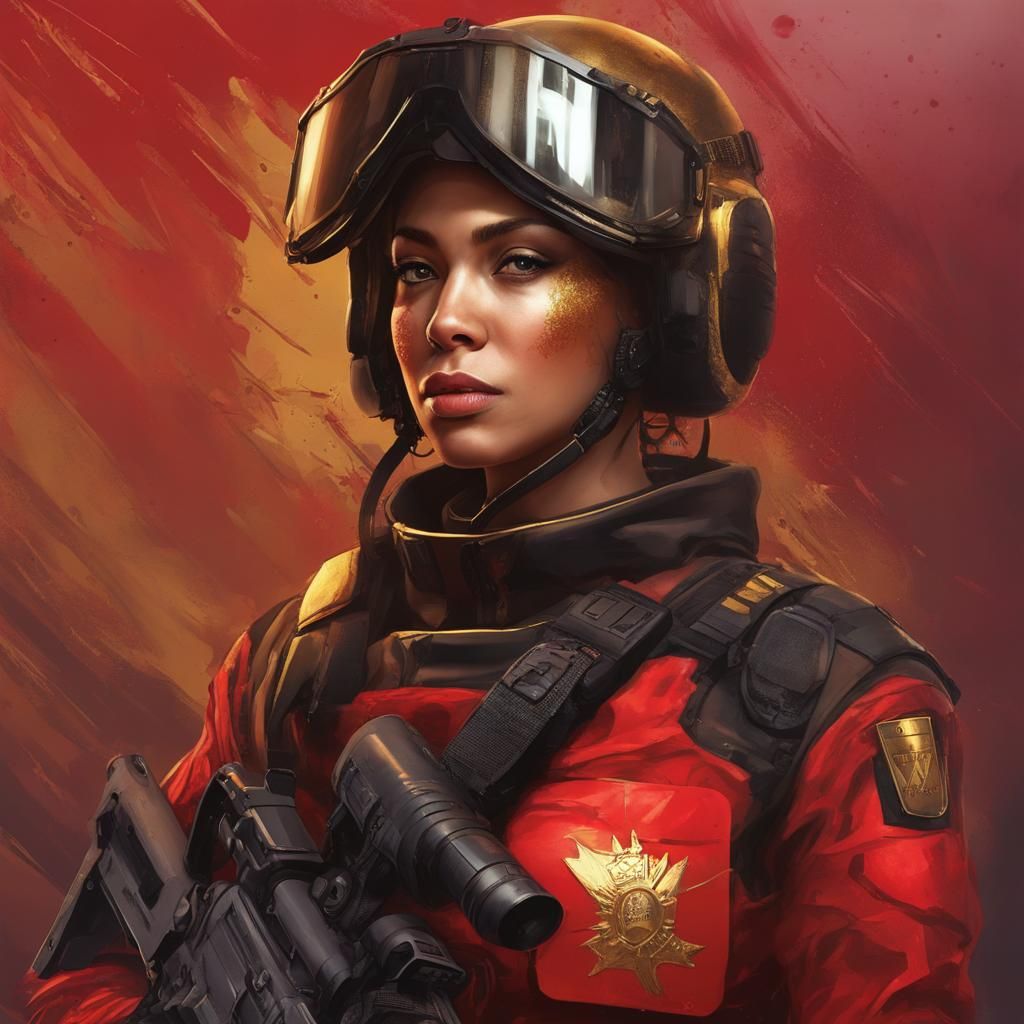 Powerful Woman in Red and Gold: Hyperrealistic Art