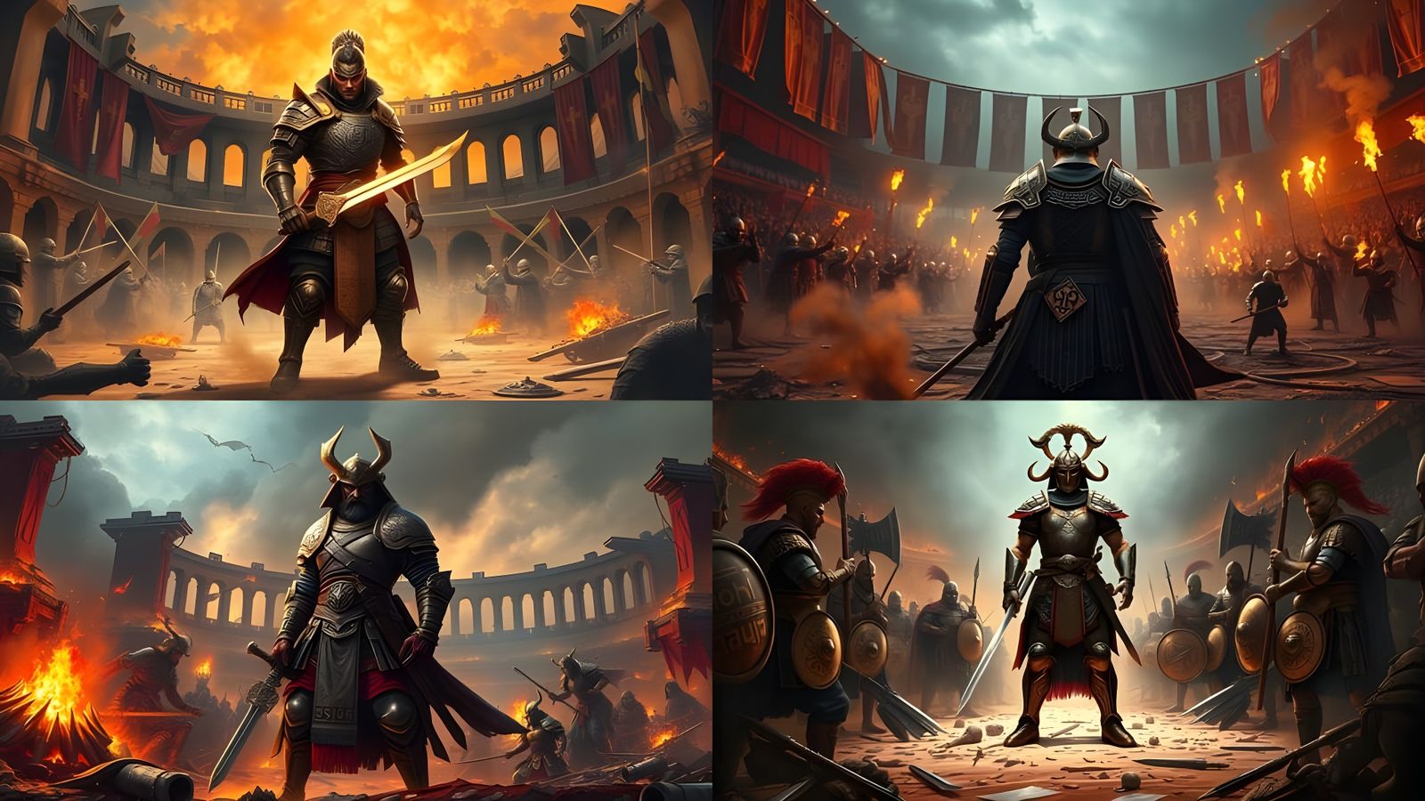 Epic Warrior in Ancient Battle Arena - Cyberpunk Fantasy Sce...