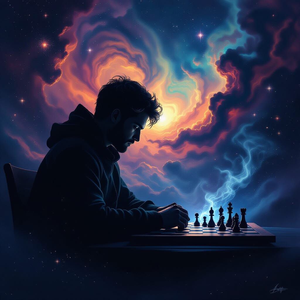 Cosmic Chess Player Contemplating Strategy in Nebula